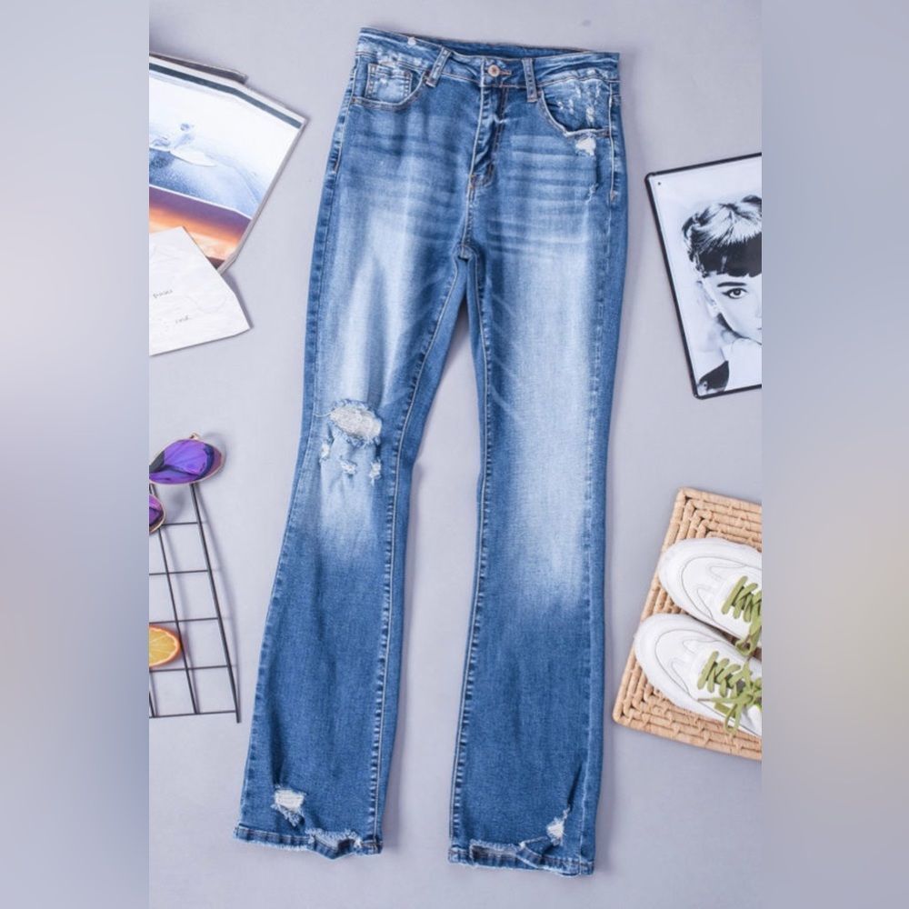 NWT Blue Distressed Flare Jeans - Picture 5 of 14